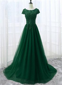 Picture of Elegant Cap Sleeve Lace Applique Tulle Party Dresses, Prom Gowns